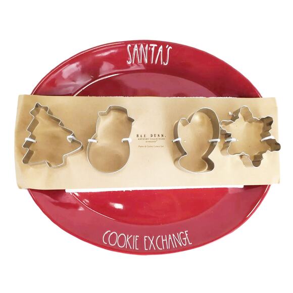 Rae Dunn Santa's Cookie Exchange 13" Platter & 4 Steel Cutters Christmas *NEW* - Picture 2 of 6